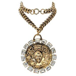 Gold Tone Crown Crest Clear Rhinestone Medallion Pendant Chunky Chain Necklace